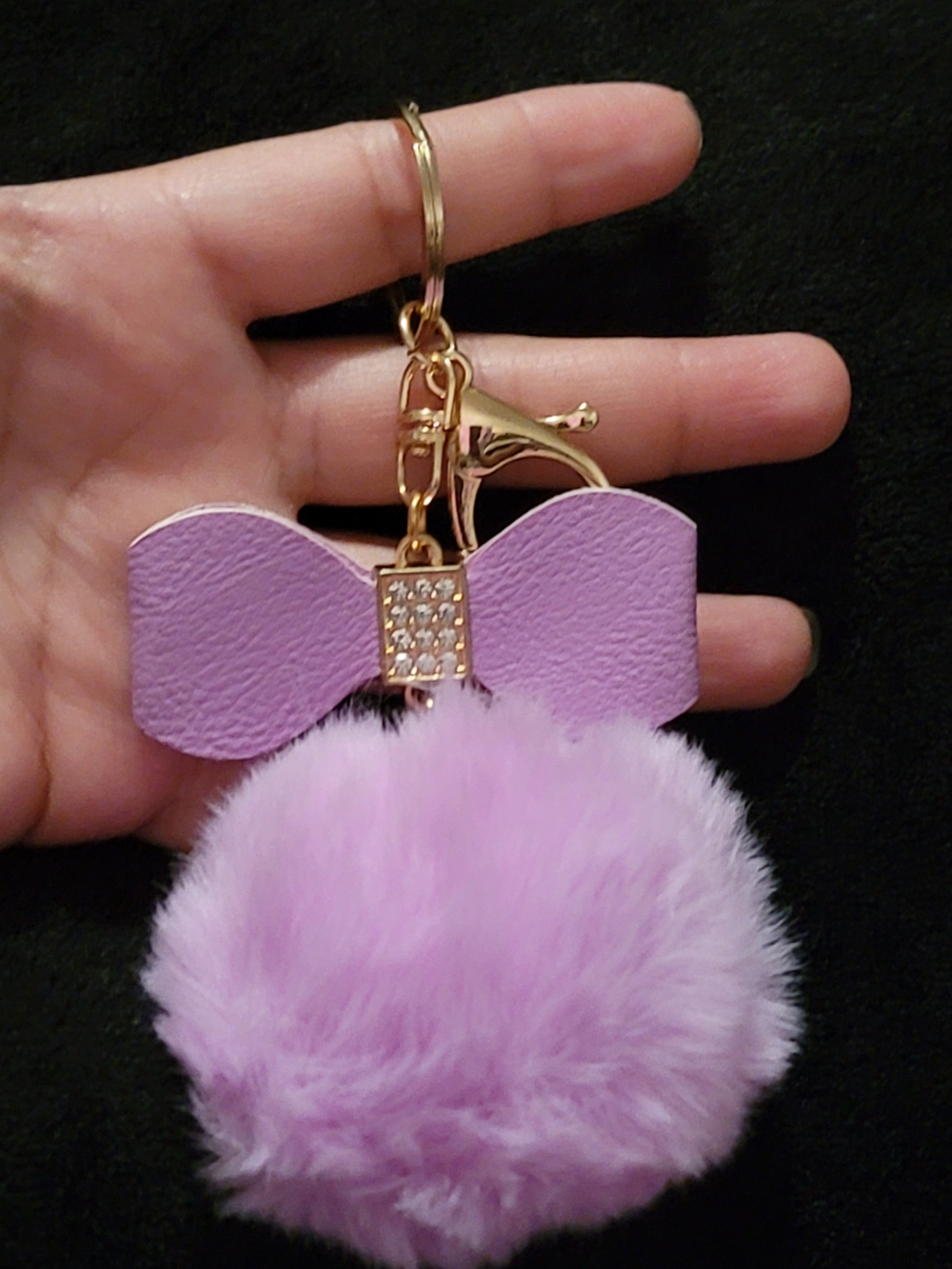 Purple Bow Pom-Pom Keychain with Gold Hardware